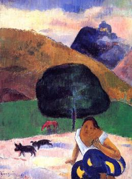 Paul Gauguin : Landscape with Black Pigs and a Crouching Tahitian